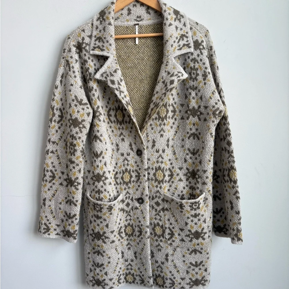 Free People Alpaca Wool Blend Nordic Knit Sweater Coat Cardigan Size L